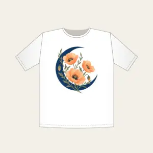 Crescent Moon and Apricot Poppies T-Shirt in white: A deep blue crescent moon cradles three delicate apricot poppies on fine olive stems.