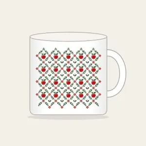 Orchard Diamond Lattice Mug in white: A diamond lattice with small apple and leaf motifs in red, cream and green.
