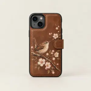 Wren Branch Phone Card Case with a printed wren on a blossoming branch in brown, cream and soft pink on the card case