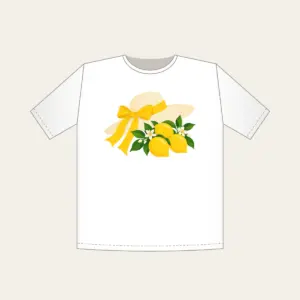 Sunhat with Three Lemons T-Shirt in white: A wide sunhat with a ribbon beside three lemons in cream, lemon yellow and green.