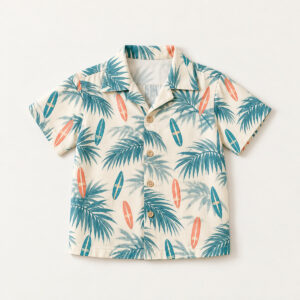Palm Shadow Youth Camp Shirt with all-over print of palm-leaf shadows and tiny surfboards in teal and coral on cream