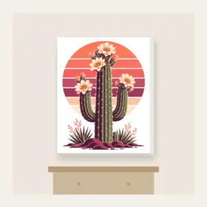 Flowering Saguaro and Striped Sun Canvas Print in white: A flowering saguaro cactus stands against a striped sunset sun in coral, plum and cream.