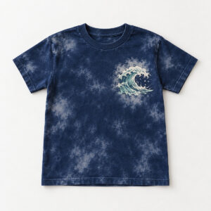 Seafoam Wave Bleached Youth Tee with compact chest print of a rolling wave crest in seafoam green and cream, with a soft bleached-look wash behind it