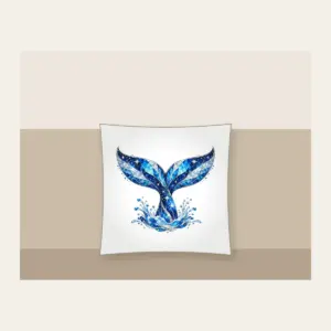 Whale Tail with Prismatic Shimmer Pillow in white: A whale tail in blue and silver with tiny stars and a prismatic broken-glass shimmer.