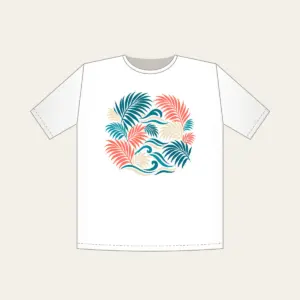 Palm Fronds and Wave Lines T-Shirt in white: Palm fronds and flowing wave lines in teal, coral and cream.