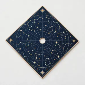 Star Chart Wooden Graduation Cap Topper with topper face with a navy star chart with tiny constellations in cream and gold
