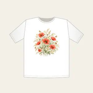 Poppies, Grasses and Tiny Butterflies T-Shirt in white: All-over poppies, grasses and tiny butterflies in coral, gold and green on cream.