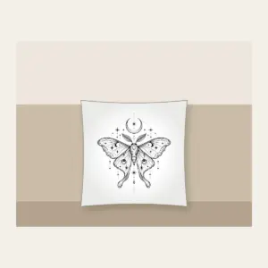 Moth, Stars and Crescent Moon Linework Pillow in white: A fine-line moth rests among tiny stars and a crescent moon in black.