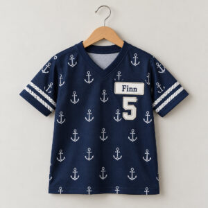 Child's navy V-neck jersey with anchor art and a name patch reading Finn