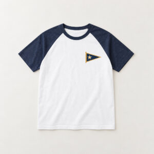 White Raglan Quiet Pennant Colorblock Tee with compact front chest panel print of a pennant with a star in navy and gold