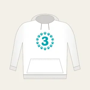 Teal Paw Circle with Number Three Hoodie in white: A ring of small white paw marks on teal circling the number “3”.