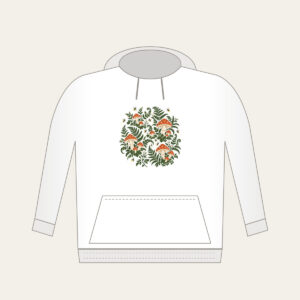 Toadstools, Ferns and Fireflies Hoodie in white: Toadstools, ferns and glowing fireflies scattered in rust and cream across a deep green forest ground.