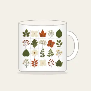 Pressed Leaf Specimen Grid Mug in white: A grid of pressed leaves and blossoms in green, rust and cream with tiny index lines.