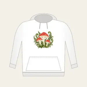 Red Toadstool Trio with Curling Ferns Hoodie in white: Three red-capped mushrooms with curling ferns in cream, red and moss green.