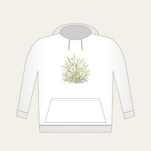 Meadow Grass and Daisy Field Hoodie in white: A flat meadow of swaying grasses and small daisies in sage, cream and butter yellow.