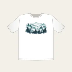 Pine Rows Fading into Mist T-Shirt in white: Rows of pine silhouettes recede into mist in slate, teal and white.