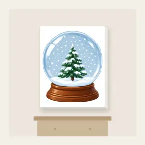 Tiny Pine Snow Globe Canvas Print in white: A small pine tree stands inside a round snow globe as white flakes swirl around it.