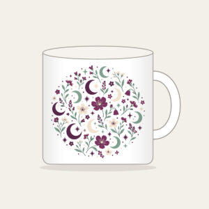 Crescent Moons and Wildflowers in Plum Mug in white: Crescent moons, wildflowers and tiny stars repeat in plum, mint and cream.