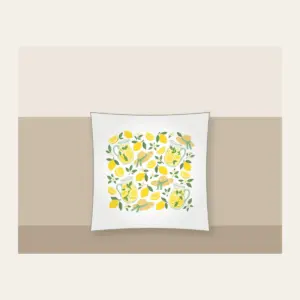 Lemonade Stand Pitchers and Lemons Pillow in white: Lemonade pitchers, lemons and tiny straw sunbonnets repeat in yellow, white and mint.