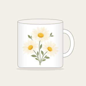 Three Daisies in Butter Yellow Mug in white: Three daisies with tiny leaves in cream, butter yellow and sage.