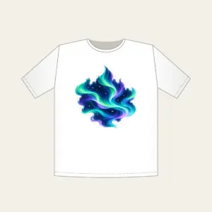 Northern Lights over Starry Navy T-Shirt in white: Flowing aurora bands in green, teal and violet sweep over a deep navy sky dotted with tiny stars.