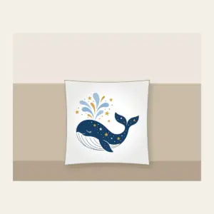 Starry Whale with Water Spout Pillow in white: A friendly whale lifts a spout of water among tiny white and gold stars.