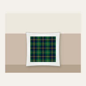Green and Navy Plaid with Gold Lines Pillow in white: A classic plaid of green and navy, finished with fine gold lines.