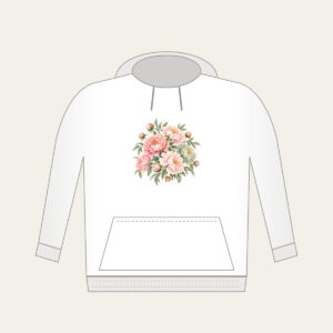 Blush Peony Gradient Hoodie in white: All-over peonies drift across a gradient from blush to sage, joined by fine leaf lines.