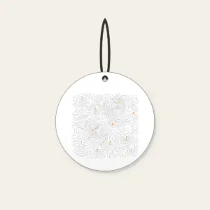 Topographic Lines and Trail Markers Ceramic Ornament in white: Topographic lines in grey with small orange trail markers.