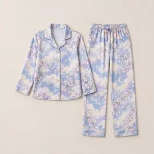 Satin Cloud Garden Pajama Set with all-over clouds, blossoms and stars in pale blue, lilac and cream