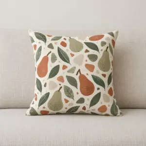 Terrazzo Orchard All-Over Pillow with all-over terrazzo of pears, leaves and pebbles in sage, terracotta and cream