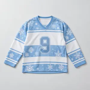 Blizzard Band Hockey Jersey with horizontal ice-blue and white bands with drifting snowflakes and the number "9" on the chest