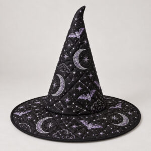 Black quilted witch hat printed with silver crescent moons and stars