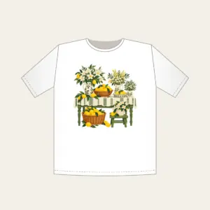 Lemon and Flower Market Stall T-Shirt in white: A market table piled with lemons and blossoms in lemon yellow, cream and green.