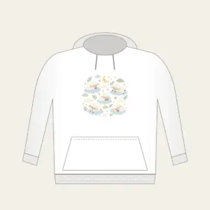 Sleepy Sheep and Clouds Hoodie in white: Small clouds and sleeping sheep in cream, pale blue and sage on a light field.