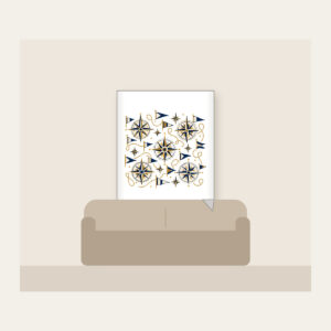 Compass Roses and Pennants Fleece Blanket in white: Compass roses and pennants repeat in navy, gold and cream.