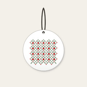 Orchard Diamond Lattice Ceramic Ornament in white: A diamond lattice with small apple and leaf motifs in red, cream and green.