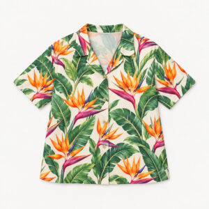 Bird of Paradise Comfort Hawaiian Shirt with bird of paradise flowers and banana leaves in orange, magenta and green on cream