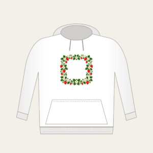 Strawberry and Blossom Border Hoodie in white: A border of strawberries and blossoms in red, cream and green surrounds a plain center.
