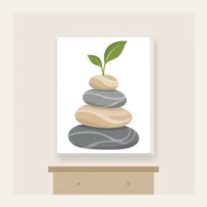 Cairn Stones with a Sprout Canvas Print in white: Stacked cairn stones in grey and sand, topped with a tiny green sprout.