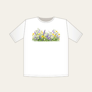 Wildflower Strip Beneath a Pale Sky T-Shirt in white: A strip of yellow, purple and white wildflowers runs along the lower edge beneath a pale sky gradient.