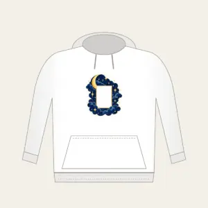 Starry Navy Sky with an Open Center Hoodie in white: A deep-blue sky of tiny stars and a crescent surrounds an empty central rectangle.