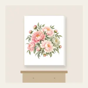 Blush Peony Gradient Canvas Print in white: All-over peonies drift across a gradient from blush to sage, joined by fine leaf lines.