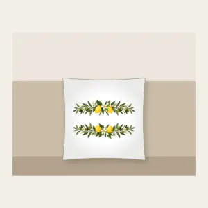 Olive and Lemon Branch Border Pillow in white: Olive and lemon branches run along both long edges in green, gold and cream.
