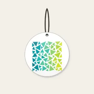 Teal-to-Lime Color-Block Triangles Ceramic Ornament in white: Color-blocked triangles shift from teal to lime on white.