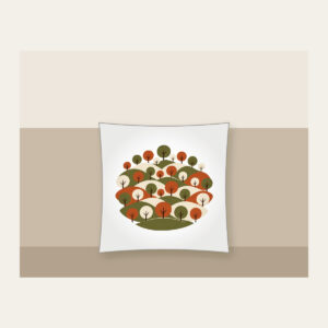 Rolling Orchard Hills Pillow in white: Rows of round trees on hills in olive, rust and cream.