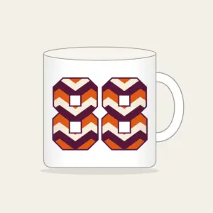 Plum Chevron Panels with Number 88 Mug in white: Bold chevron panels in plum, burnt orange and cream, with the number “88” standing out in the middle.