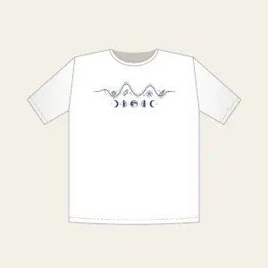 Tide Chart and Moon Phases T-Shirt in white: A navy line-art tide curve dotted with tiny shells, with five moon phases beneath.