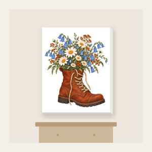 Lace-Up Boot Overflowing with Daisies Canvas Print in white: A lace-up boot spilling daisies and bluebells in cream, sky blue and rust.