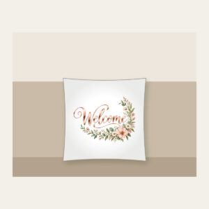 Rose Gold Welcome Wildflower Garland Pillow in white: The word “Welcome” in rose gold mirror lettering, with a blush and sage wildflower garland curling into one corner.